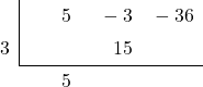 \polyhornerscheme[stage=3,x=3]{5x^2-3x-36}