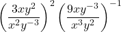 \displaystyle \left(\frac{3xy^2}{x^2y^{-3}}\right)^{2}\left(\frac{9xy^{-3}}{x^3y^{2}}\right)^{-1}
