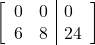 \begin{align*} \left[ \begin{array}{ll|l} 0 & 0 & 0 \\ 6 & 8 & 24 \end{array} \right] \end{align*}