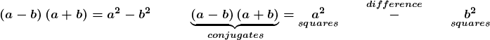 \displaystyle\boldsymbol{\left(a-b\right)\left(a+b\right) =a^2-b^2\quad\quad\quad\underbrace{\left(a-b\right)\left(a+b\right)}_{conjugates} = \underset {squares}{a^2} \quad \quad \overset {difference}{-}\quad\quad\underset { squares}{b^2}}