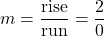 \displaystyle m = \frac{\text{rise}}{\text{run}} = \frac{2}{0}