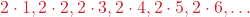 $\displaystyle \textcolor{myred1}{2 \cdot 1, 2 \cdot 2, 2 \cdot 3, 2 \cdot 4, 2 \cdot 5, 2 \cdot 6, \dotsc}$