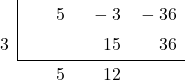 \polyhornerscheme[stage=5,x=3]{5x^2-3x-36}