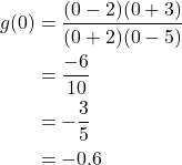 Rendered by QuickLaTeX.com \begin{align*} g(0) &= \frac{(0 - 2)(0 + 3)}{(0 +2 )(0 - 5)} \\ &= \frac{-6}{10} \\ &= -\frac{3}{5} \\ &= -0.6 \end{align*}
