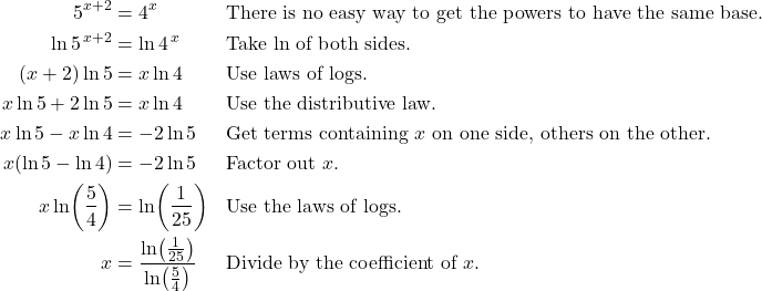 \begin{align*} 5^{x+2} &= 4^{x} && \text{There is no easy way to get the powers to have the same base.} \\ \ln 5^{\,x+2} &= \ln 4^{\,x} && \text{Take $\ln$ of both sides.} \\ (x+2)\ln 5 &= x \ln 4 && \text{Use laws of logs.} \\ x\ln 5 + 2\ln 5 &= x \ln 4 && \text{Use the distributive law.} \\ x\ln 5 - x\ln 4 &= -2\ln 5 && \text{Get terms containing $x$ on one side, others on the other.} \\ x(\ln 5 - \ln 4) &= -2\ln 5 && \text{Factor out $x$.} \\ x \ln\!\left(\frac{5}{4}\right) &= \ln\!\left(\frac{1}{25}\right) && \text{Use the laws of logs.} \\ x &= \frac{\ln\!\left(\frac{1}{25}\right)}{\ln\!\left(\frac{5}{4}\right)} && \text{Divide by the coefficient of $x$.} \end{align*}