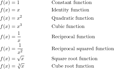 \begin{align*} f(x) &= 1 && \text{Constant function} \\ f(x) &= x && \text{Identity function} \\ f(x) &= x^{2} && \text{Quadratic function} \\ f(x) &= x^{3} && \text{Cubic function} \\ f(x) &= \frac{1}{x} && \text{Reciprocal function} \\ f(x) &= \frac{1}{x^{2}} && \text{Reciprocal squared function} \\ f(x) &= \sqrt{x} && \text{Square root function} \\ f(x) &= \sqrt[3]{x} && \text{Cube root function} \end{align*}