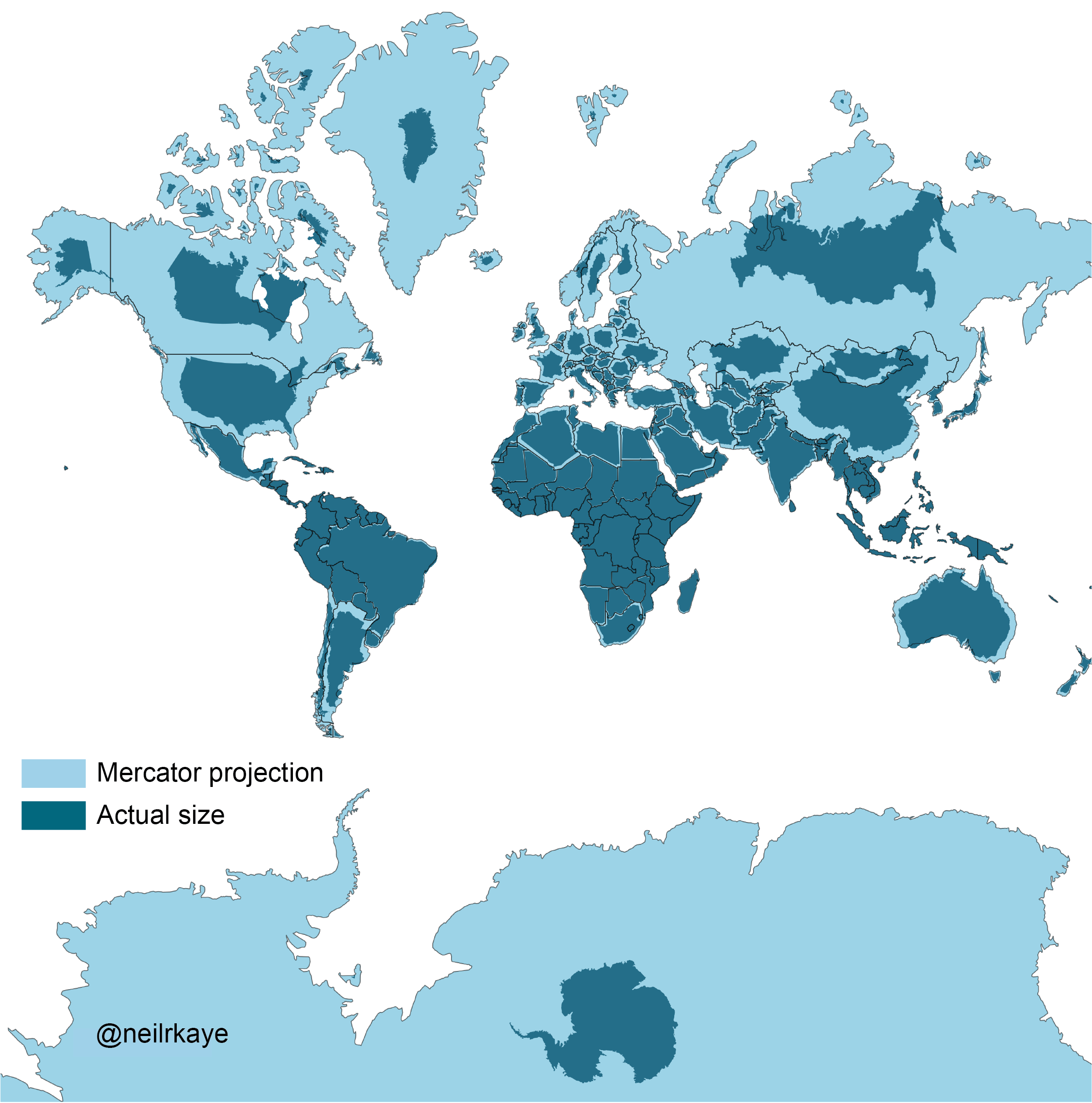 This image shows how Mercator maps distort the size of landmasses as latitude increases. The dark blue colors are the actual sizes of countries compared to their representation on a Mercator map.