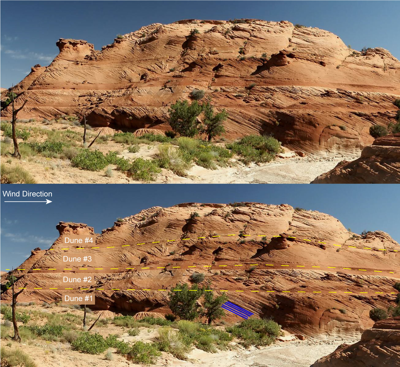 Both images are of red sedimentary rocks with cross-bedding from the migration of dunes. The lower image has markings showing the dunes and cross-beds.