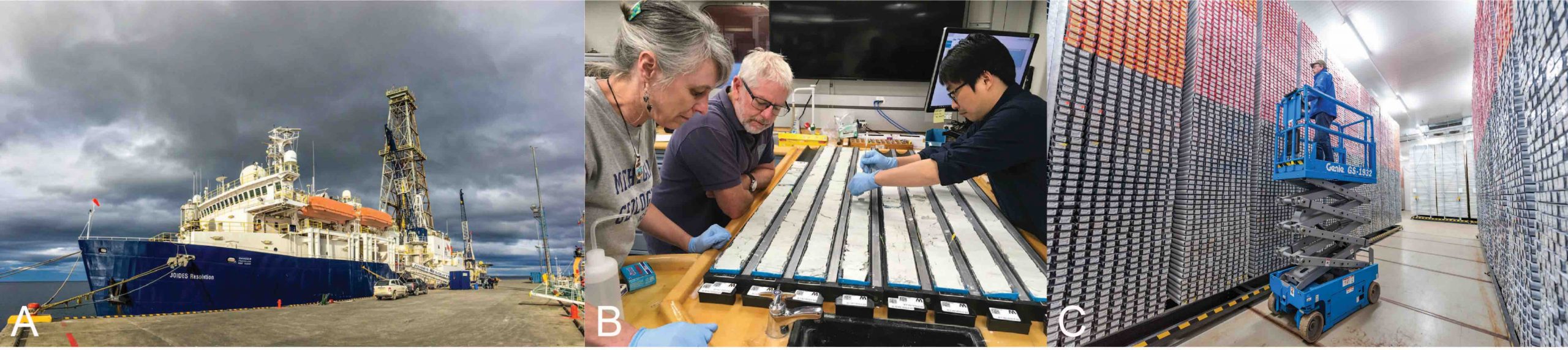 Three pictures showing how marine geoscientists collect and store rock cores.