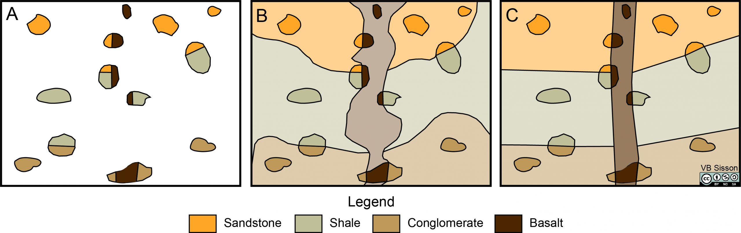 An outcrop map and two possible interpretations of this data