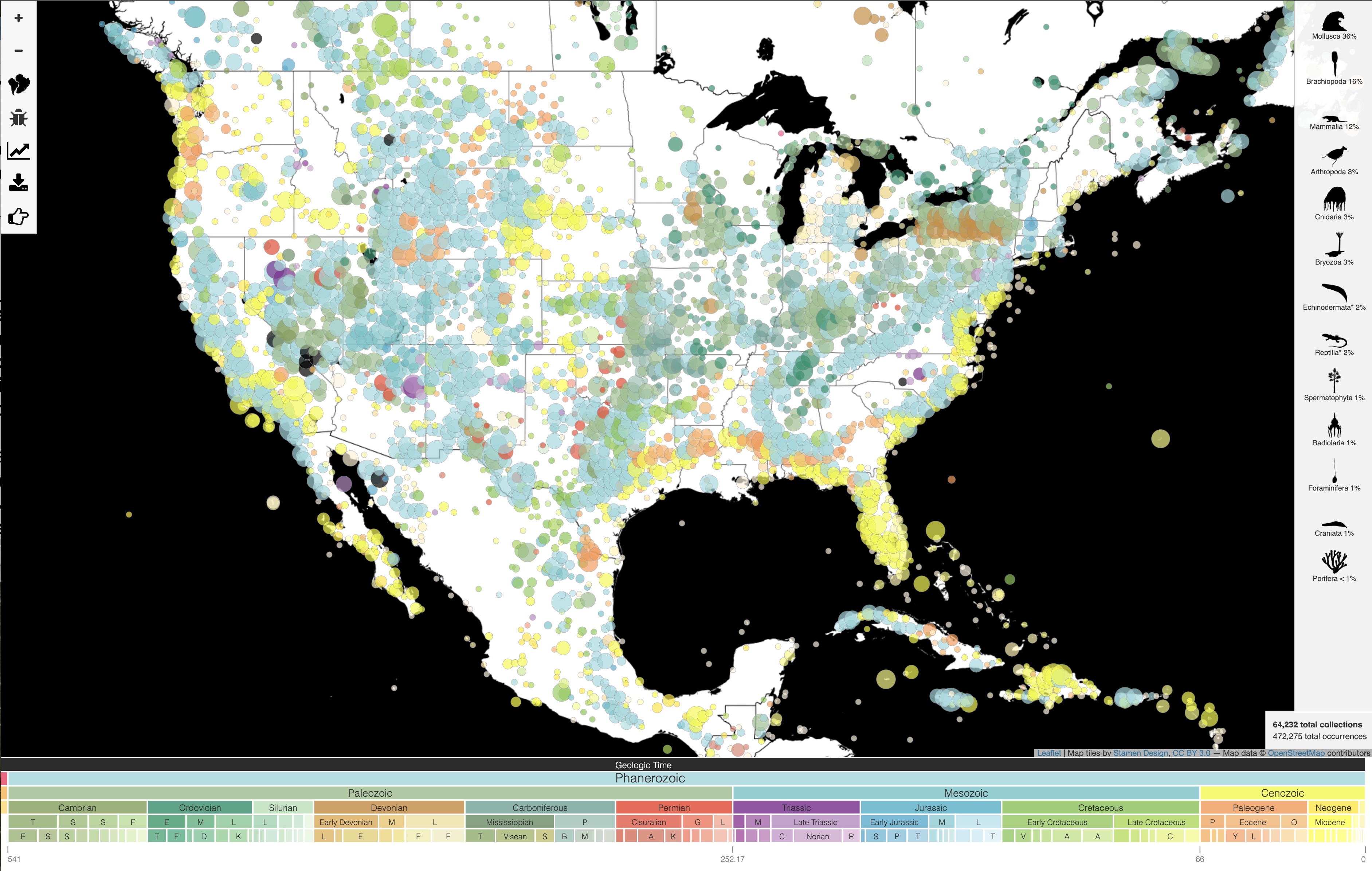 Location map of fossils in part of North America color coded by geologic age.