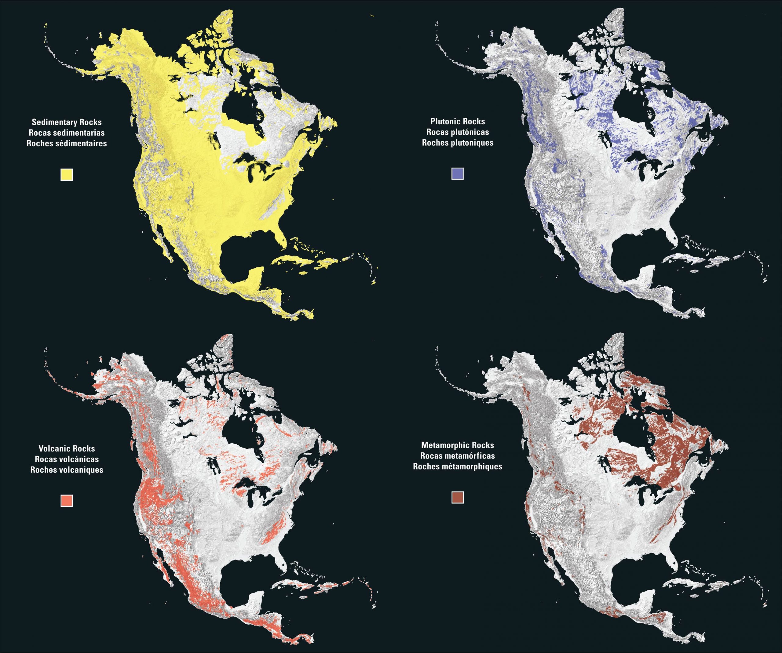 Sedimentary rocks cover most of the North American surface, followed by volcanic rocks, metamorphic rocks, and plutonic rocks