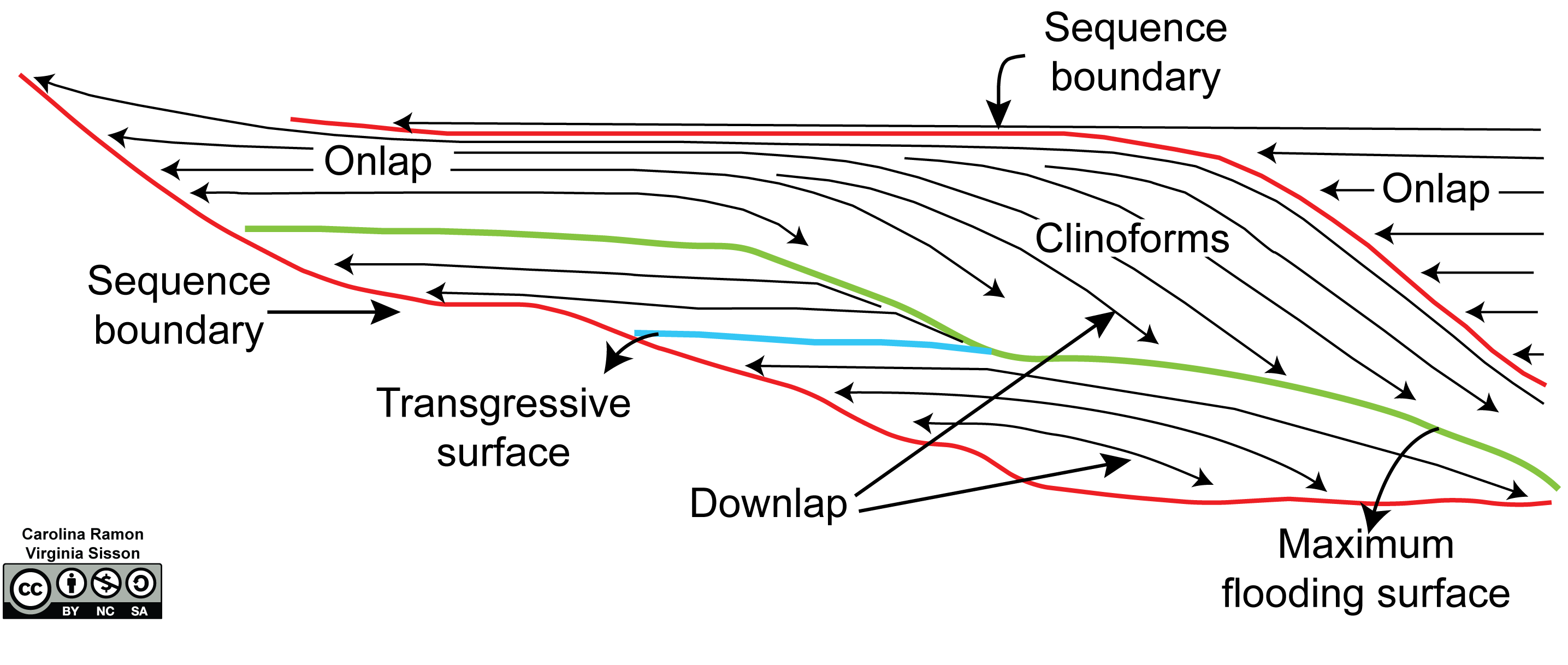 Line drawing of simplified seismic reflections seen in a stratigraphic sequence.