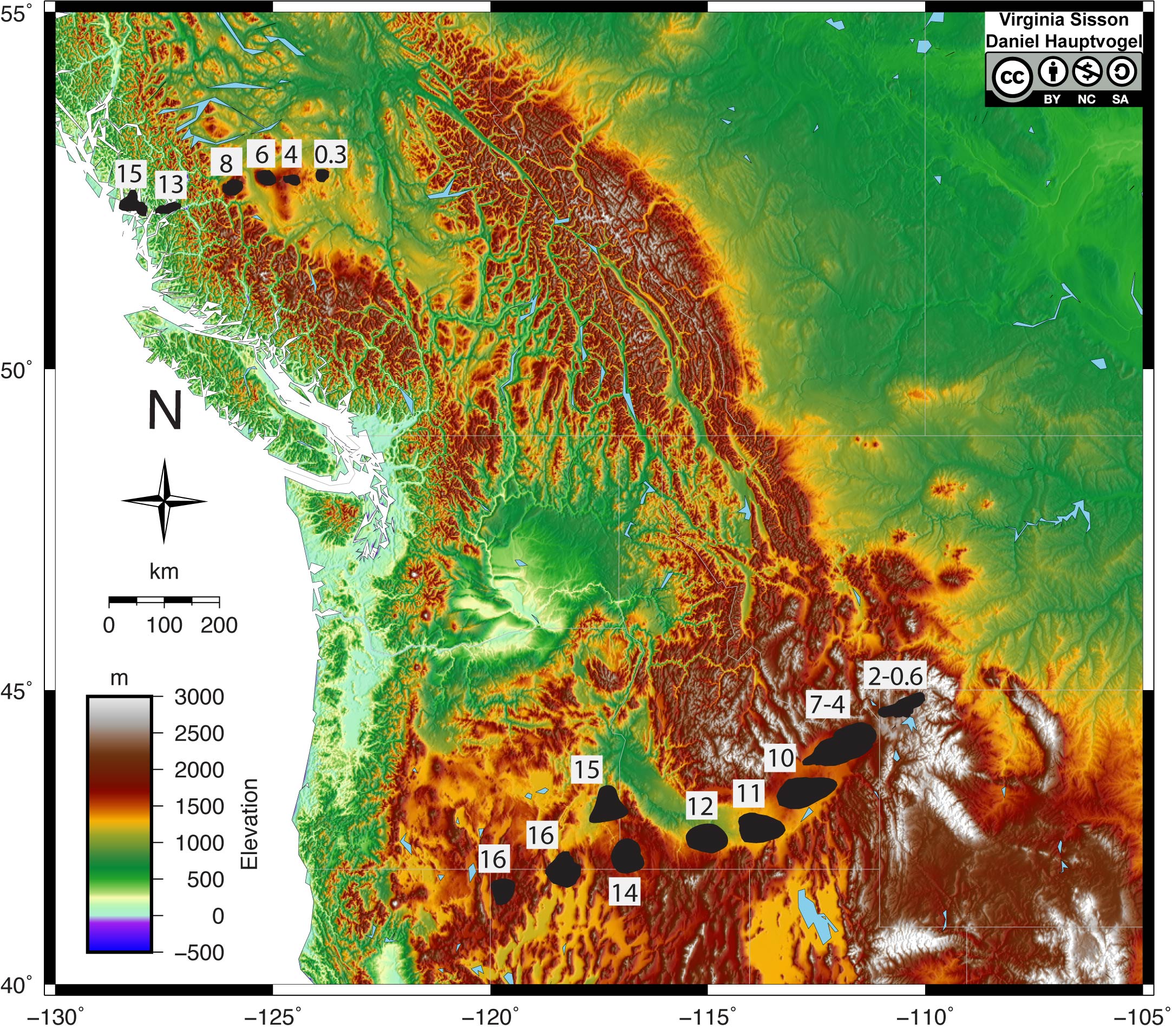 Shaded relief map for the northwestern United States and southwestern Canada showing locations of hotspot eruptions from two mantle plumes.