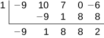 The divisor number is 1. The first row is negative 9, 10, 7, 0, negative 6. The first column is -9 blank -9. The second column is 10 negative 9 1. The third column is 7 1 8. The fourth column is 0 8 8. The fifth column is negative 6 8 2.
