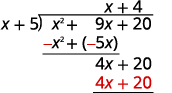 Multiply 4 times x+5. That results in 4x+20.