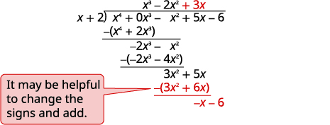 Divide 3x^2 by x. Put the answer, 3x, in the quotient over the x term. Multiply 3x times x+1 to get 3x^2+5x. Line up the like terms. Subtract to get -x and bring down the next term.