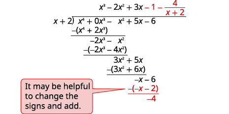 Divide −x by x. Put the answer, −1, in the quotient over the constant term. Multiply −1 times x+1 to get -x-2. Line up the like terms. Change the signs, add to get -4. Write the remainder as a fraction with the divisor as the denominator.
