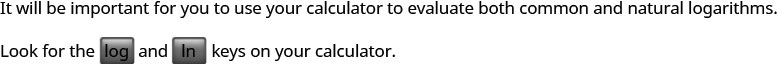 It will be important for you to use your calculator to evaluate both common and natural logarithms. Find the log and ln keys on your calculator.