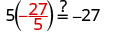 The instructions say to substitute negative 27/5 for x, and to the right is the equation with negative 27/5 substituted for x: 5 times negative 27/5, with negative 27/5 in parentheses and written in red, equals negative 27.
