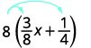 The expression is 8 open parentheses 3 by 8 x plus 1 by 4 close parentheses. There are arrows from 8 to 3 by 8 and 1 by 4.