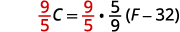 Clear the fractions by multiplying each side: nine-fifths C is equal to nine-fifths time s five-ninths times the quantity F minus 32.