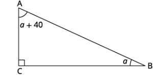 The figure is the triangle A B C, with A measuring a plus 40, B measuring a, and C measuring 90.