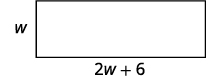 The figure is a rectangle with the width labeled w, a length labeled 2 w plus 6, and the perimeter labeled P is equal to 96 centimeters.