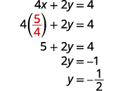 Substituting x = 5 divided by 4 in the first equation, (4x+2y=4) and solving for y, we get y equal to minus 1 by 2.