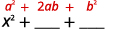 Using the formula a squared plus 2 a b plus b squared. Squaring the first term results in x squared which matches up with the term a squared in the formula. Image shows x square with a squared in red above it + blank with 2ab above that, + blank with b squared above that.