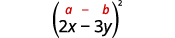 The example shows how to multiply 2 x minus 3 y squared using the formula, with a minus b labelling the 2x and 3y.