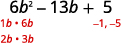 To find the factors of the last term, consider the signs. Since the last term, 5, is positive its factors must both be positive or both be negative. The coefficient of the middle term is negative, so we use the negative factors minus 1 and minus 5, shown below the 6 in red.