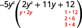The factors of the first term of the trinomial in the parentheses are y and 2y, shown below the 2y in red. The factor pairs of the last term are 1 and 12, 2 and 6, 3 and 4, shown below the 12 in red.