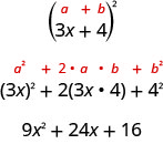 In open parentheses 3x plus 4 close parentheses squared, 3x is a and 4 is b. Writing it as a squared plus 2ab plus b squared, we get open parentheses 3x close parentheses squared plus 2 times 3x times 4 plus 4 squared. This is equal to 9 x squared plus 24x plus 16.