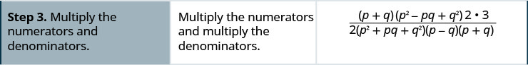Step 3 is to multiply the numerators and denominators. The result is the quantity p plus q times the quantity p squared minus p q plus q squared times 2 times 3 all divided by the 2 times the quantity p squared plus p q plus q squared times the quantity p minus q times the quantity p plus q.