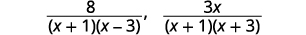 The denominator, x squared minus 2 x minus 3, factors into the quantity x plus 1 times the quantity x minus 3. The denominator, x squared plus 4 x plus 3, factors into the quantity x plus 1 times the quantity x plus 3. Write each rational expression with a factored denominator. The first rational expression is 8 divided by the quantity x plus 1 times the quantity x minus 3. The second rational expression is 3 x divided by the quantity x plus 1 times the quantity x plus 3.