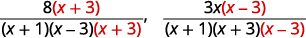Multiply the numerator and denominator of each expression by the missing lowest common denominator factor. The results are 8 times the quantity x plus 3 all divided by the quantity x plus 1 times the quantity x minus 3 times the quantity x plus 3 and the quantity 3 x times the quantity x minus 3 all divided by the quantity x plus 1 times the quantity x plus 3 times the quantity x minus 3.