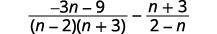 Factor the denominator of the first rational expression, n squared plus n minus 6. The result is the quantity negative 3 n minus 9 all divided by the quantity n minus 2 times the quantity n plus 3 minus the quantity n plus 3 divided by the quantity 2 minus n. Notice that n minus 2 and 2 minus n are opposites.