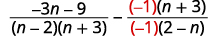Multiply the numerator and denominator of the second rational expression, n plus 3 divided by the quantity 2 minus n, by negative 1. Write its denominator, negative 1 times the quantity 2 minus n, as n minus 2. The result is the quantity negative 3 n minus 9 all divided by the quantity n minus 2 times the quantity n plus 3 minus negative one times the quantity n plus 3 all divided by n minus 2.