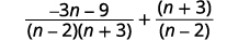 The result is the quantity negative 3 n minus 9 all divided by the quantity n minus 2 times the quantity n plus 3 minus the quantity n plus 3 all divided by n minus 2. Notice that the denominators do not have any common factors.