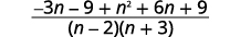 Add the rational expressions. The result is the quantity negative 3 n minus 9 plus n squared plus 6 n plus 9 all divided by the quantity n minus 2 times the quantity n plus 3.