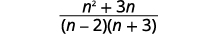 Simplify the numerator by combining like terms. The result is the quantity n squared plus 3 n all divided by the quantity n minus 2 times the quantity n plus 3.