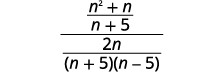 Simplify. We now have one rational expression over one rational expression. The result is the quantity n squared plus n divided by the quantity n plus 5 all divided by the quantity 2 n divided by the quantity n plus 5 times the quantity n minus 5.