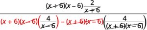 Simplify by removing the common factors, x plus 6 from the numerator, and the quantity x minus 6 times the quantity x plus 6, from the denominator. The result is 2 times the quantity x minus 6 all divided by the product of 4 and the quantity x plus 6 minus 4.