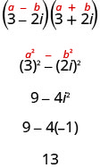 he quantity a minus b in parentheses times the quantity a plus b in parentheses is written above the expression showing the product of 3 minus 2 i in parentheses and 3 plus 2 i in parentheses. In the next line a squared minus b squared is written above the expression 3 squared minus the quantity 2 i in parentheses squared. Simplifying we get 9 minus 4 i squared. This is equal to 9 minus 4 times negative 1. The final result is 13.