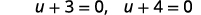 By the Zero Product Property, u plus 3 equals 0 or u plus 4 equals 0.