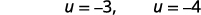 So u equals negative 3 or u equals negative 4.