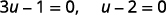 By the Zero Product Property, 3 u minus 1 equals 0 or u minus 2 equals 0.