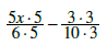 Shows an expression with two fractions with a subtraction sign between. The fraction on the left shows 5x times 5 on the numerator, and 6 times 5 on the denominator. The fraction to the right of the subtraction symbol is 3 times 3 on the numerator and 10 times 3 on the denominator.