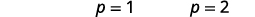 Solving each equation we get p equals 1 and p equals 2.